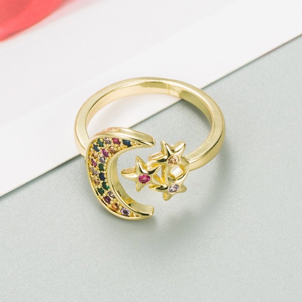 Gold Star Moon Microinlaid Zircon Opening Ring